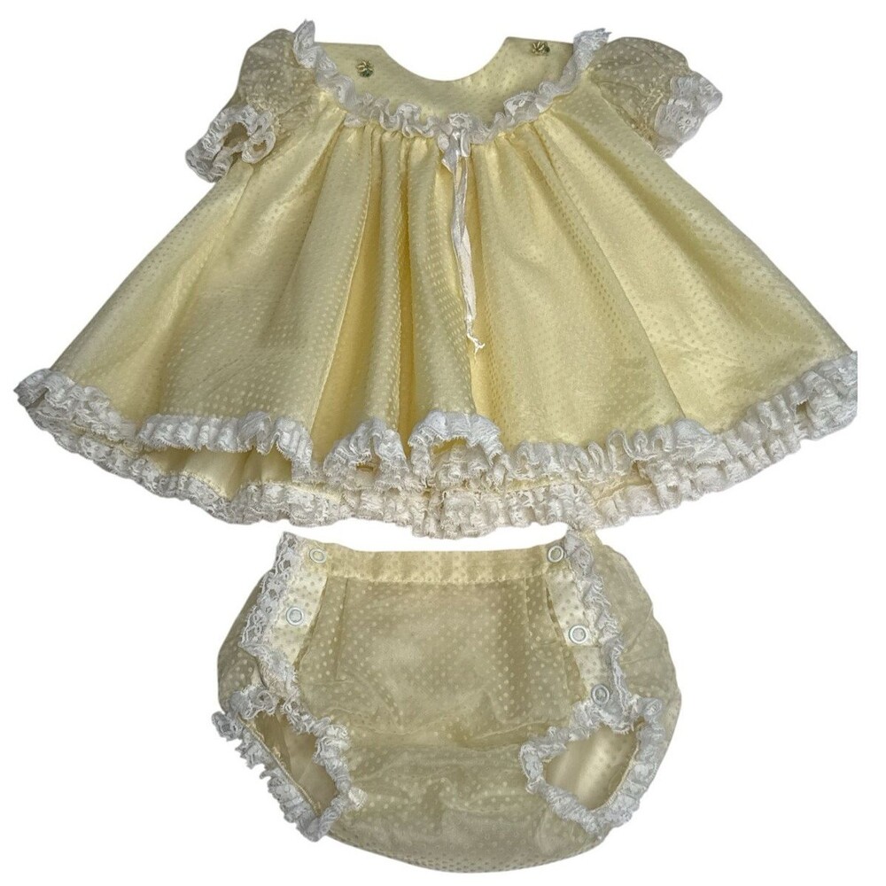 Vintage Bryan Baby Girl Yellow Swiss Dot Dress Bloomers Lace Ruffle 2 Piece